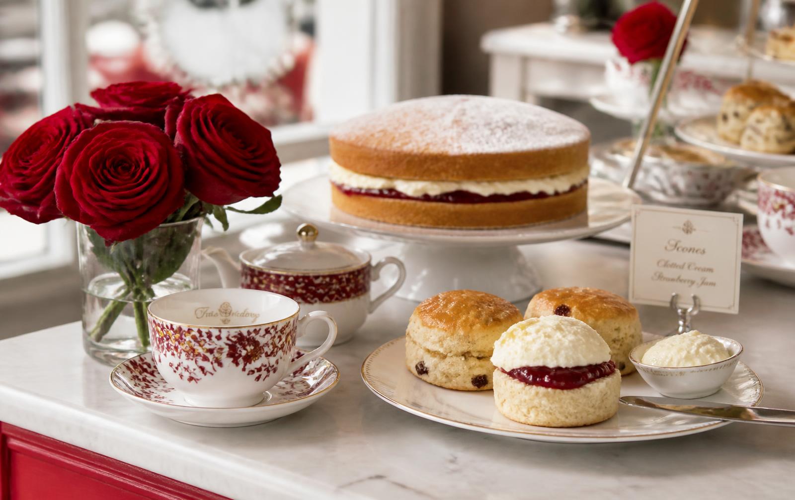 Scones with clotted cream, Victoria sponge and red roses on a marble counter