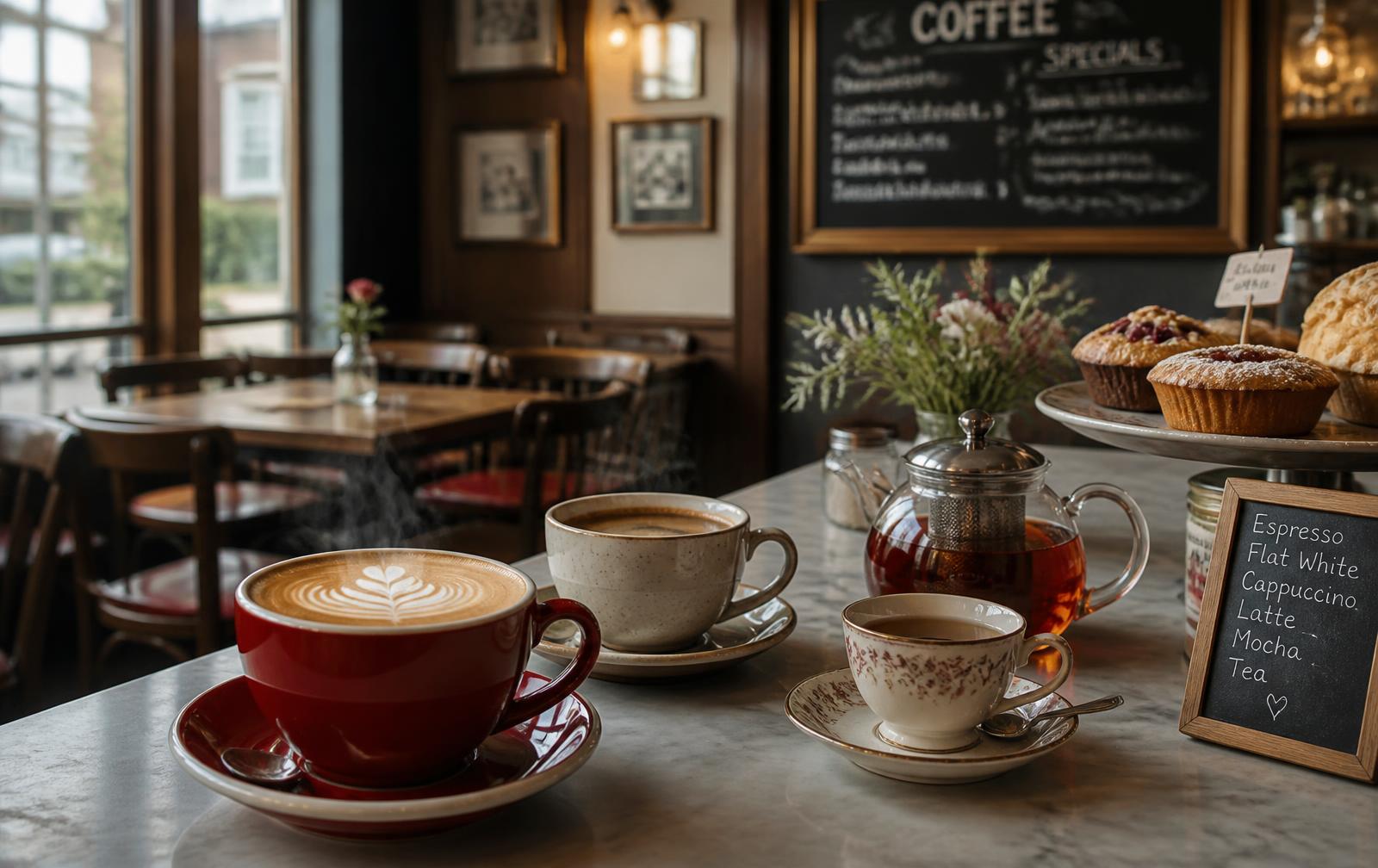 Cozy English coffee shop interior with latte art, tea, and fresh pastries on a marble counter